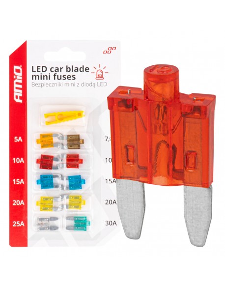 Bezpieczniki samochodowe mini z diodą led 10 szt. AMIO-04340