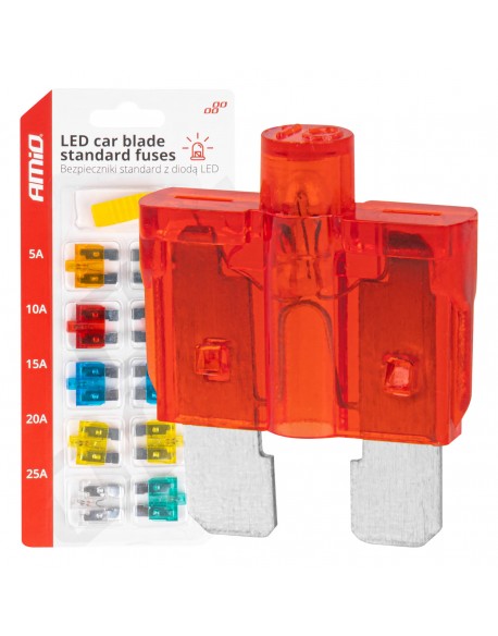 Bezpieczniki samochodowe standard z diodą led 10 szt. AMIO-04341