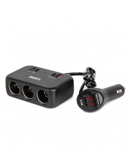 Rozdzielacz gniazda zapalniczki z ładowarką 2x USB-A 1x USB-C QC4.0 12V 24V 120W 80cm