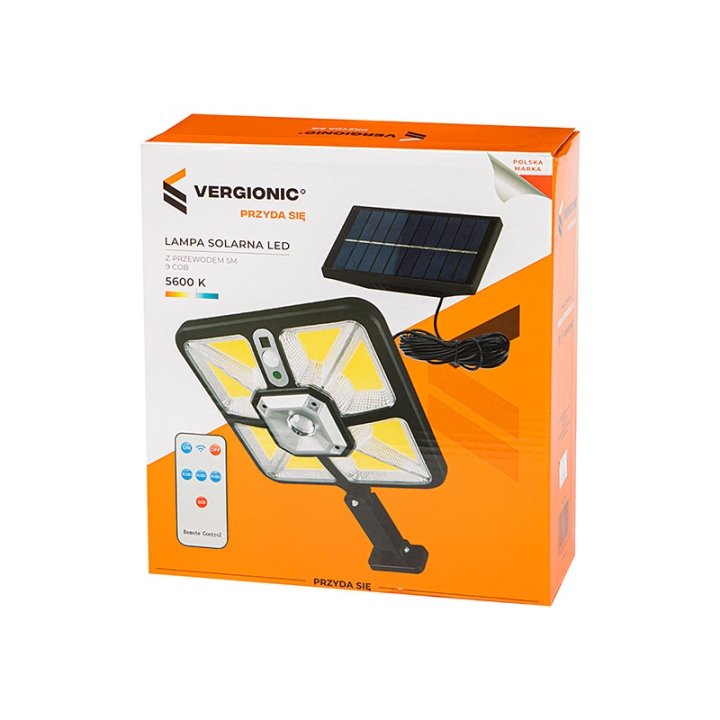 Lampa uliczna solarna z przewodem 5m 9COB z pilotem