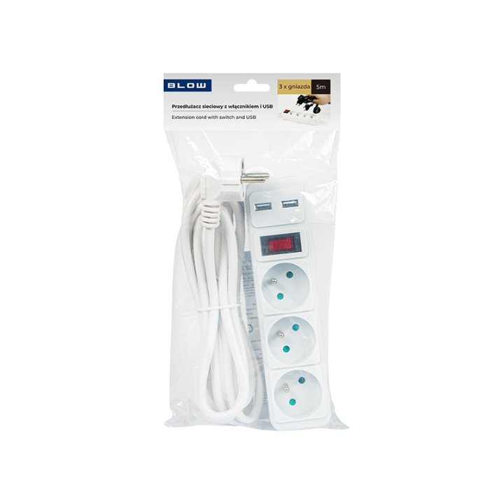 Przedłużacz sieciowy PR-370WSP/USB 3-Gniazda+USB z uziemieniem+wyłącznik 5m BIAŁY 3x1,5mm