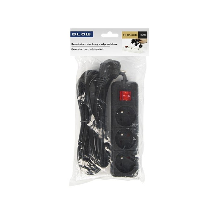 Przedłużacz sieciowy PR-370WSP 3-Gniazda z uziemieniem+wyłącznik 1,5m czarny (3x1,5mm)