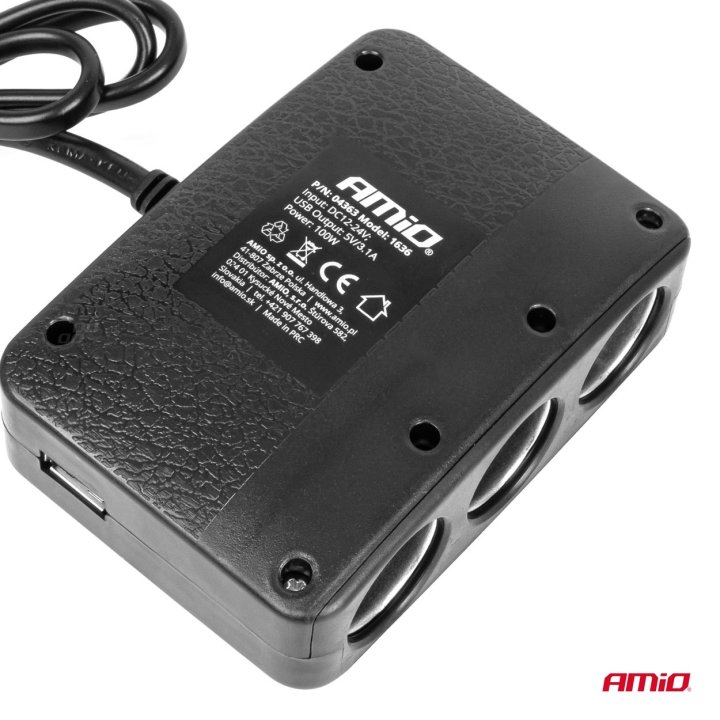 Rozdzielacz gniazda zapalniczki z ładowarką 2x USB-A ON/OFF LED 12V 24V 100W 70cm