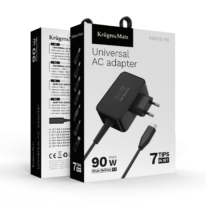 Zasilacz uniwersalny Kruger&Matz 90W z funkcją Power Delivery 7 końcówek