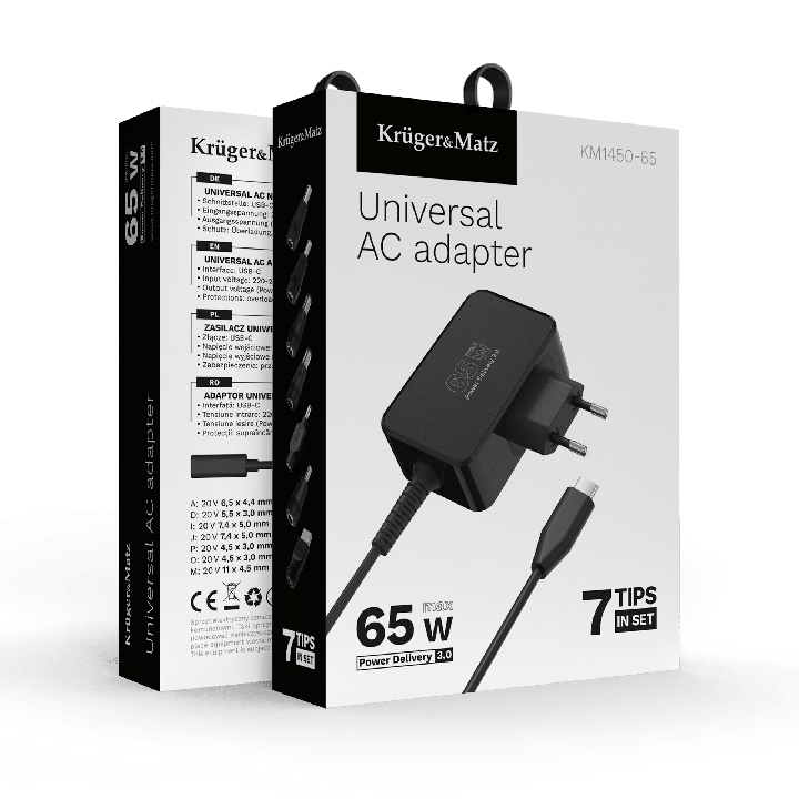 Zasilacz uniwersalny Kruger&Matz 65W z funkcją Power Delivery 7 końcówek