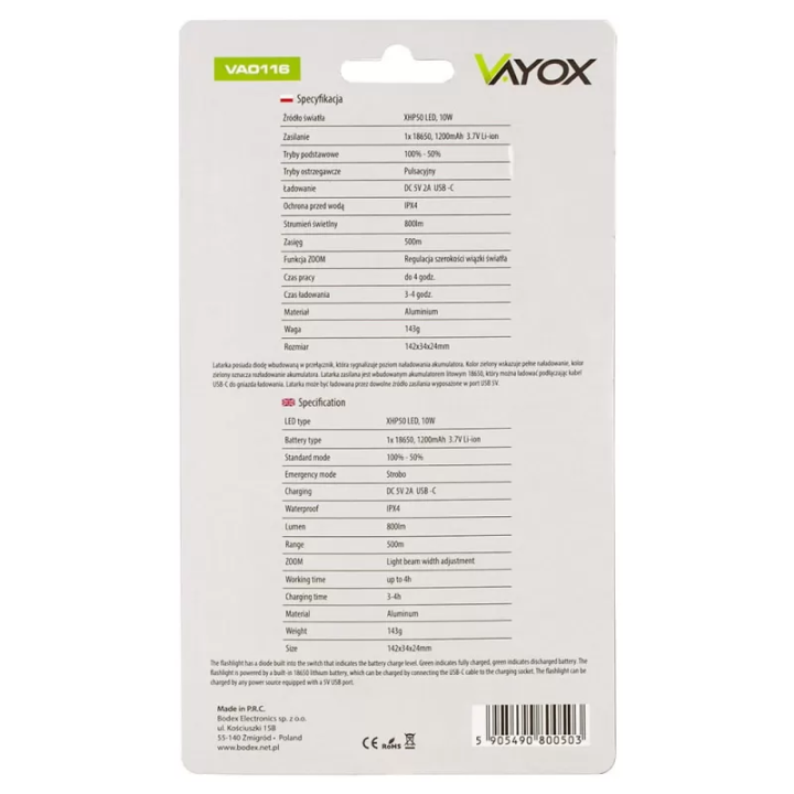 Latarka akumulatorowa XHP50 800lm USB-C VA0116 Vayox