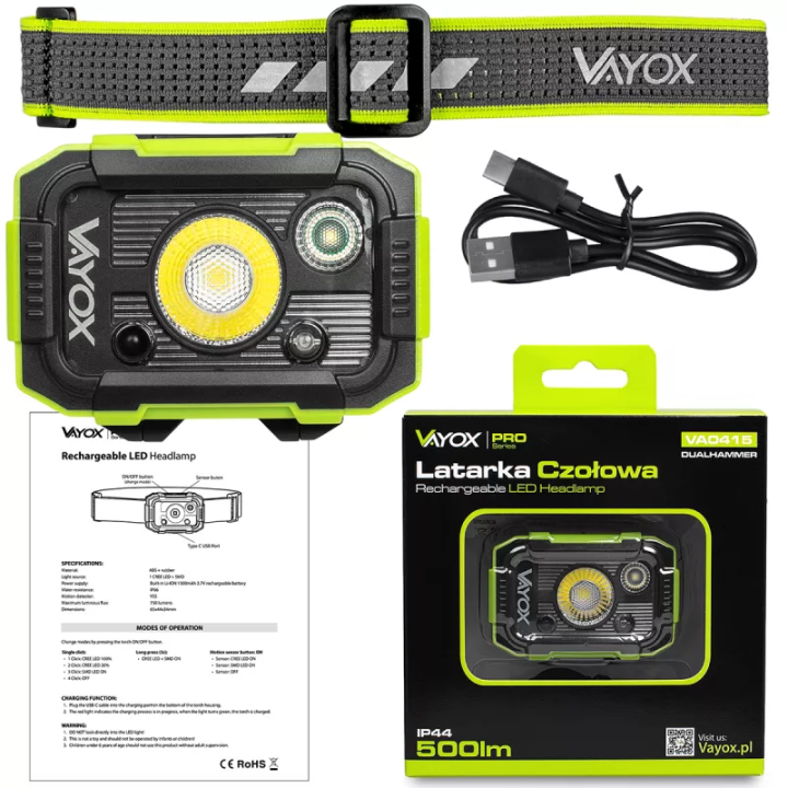Latarka czołowa akumulatorowa DUAL HAMMER 500lm Pro Series VA0415 VAYOX