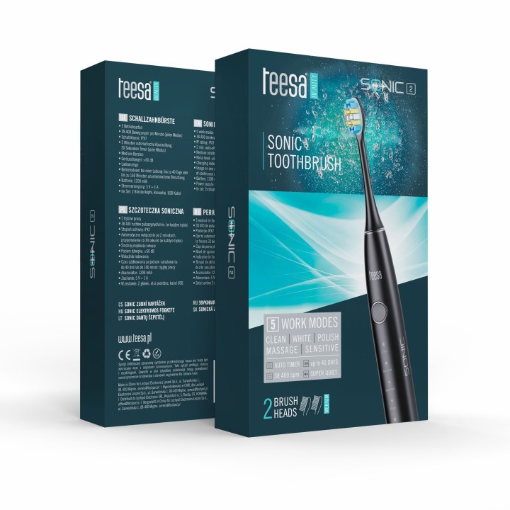 Soniczna szczoteczka do zębów TEESA SONIC 2 czarna , 5 trybów pracy, etui podróżne , USB typ C
