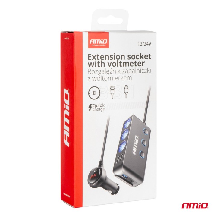 Rozdzielacz rozgałęźnik trójnik zapalniczki + woltomierz ładowarka USB USB-C 12V 24V AMIO-03781