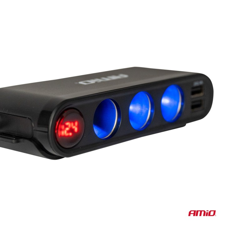 Rozdzielacz rozgałęźnik trójnik zapalniczki + woltmierz ładowarka USB USB-C 12V 24V AMIO-03782