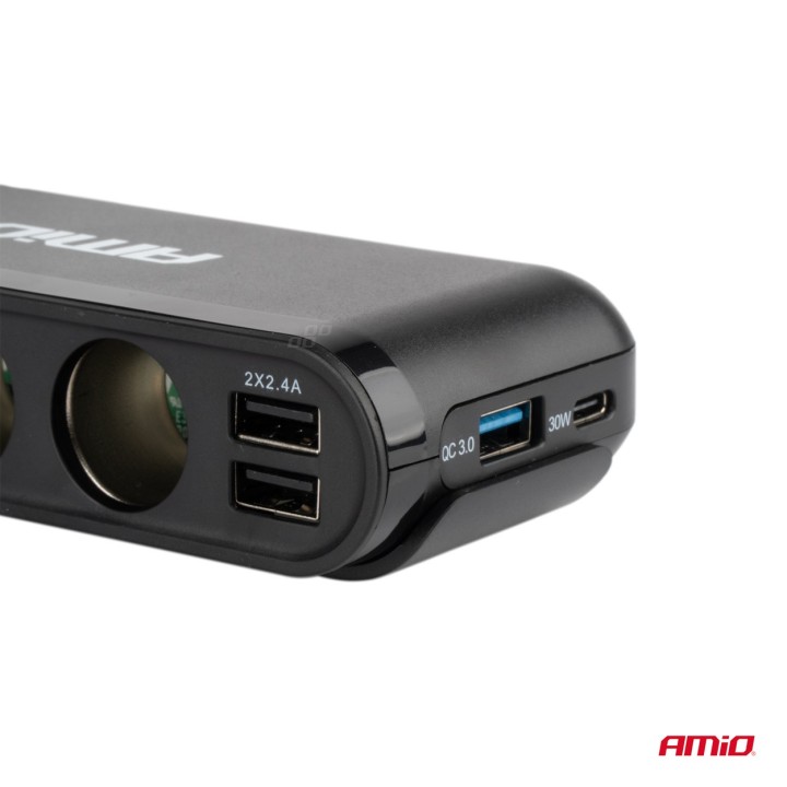 Rozdzielacz rozgałęźnik trójnik zapalniczki + woltmierz ładowarka USB USB-C 12V 24V AMIO-03782