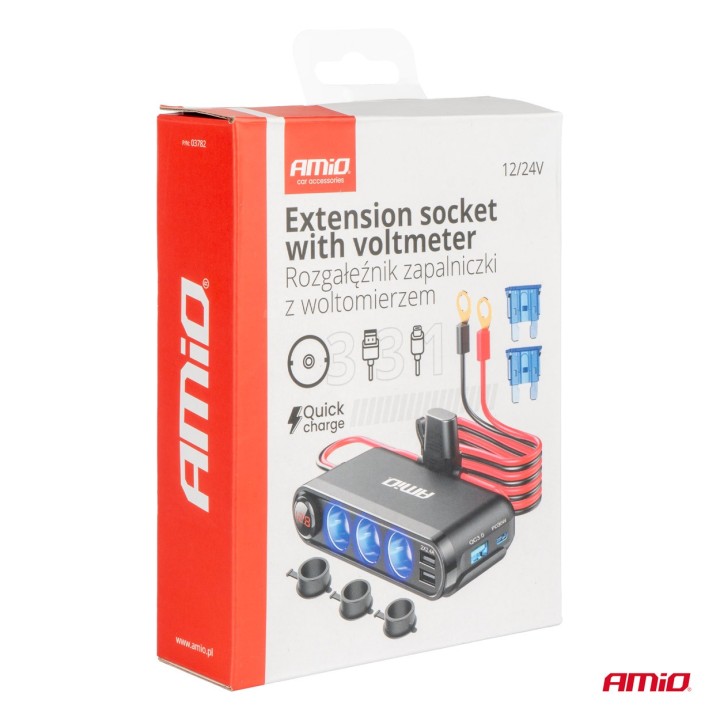 Rozdzielacz rozgałęźnik trójnik zapalniczki + woltmierz ładowarka USB USB-C 12V 24V AMIO-03782