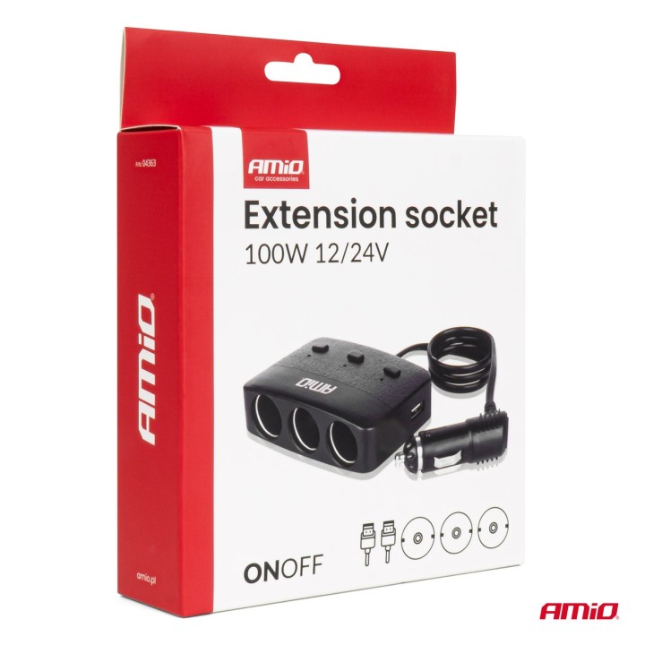 Rozdzielacz gniazda zapalniczki z ładowarką 2x USB-A ON/OFF LED 12V 24V 100W 70cm