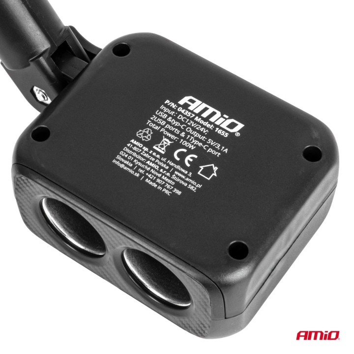 Rozdzielacz gniazda zapalniczki z ładowarką 2x USB-A 1x USB-C 12V 24V 100W 180°