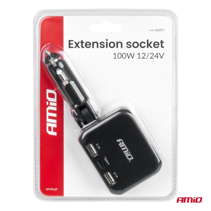 Rozdzielacz gniazda zapalniczki z ładowarką 2x USB-A 1x USB-C 12V 24V 100W 180°