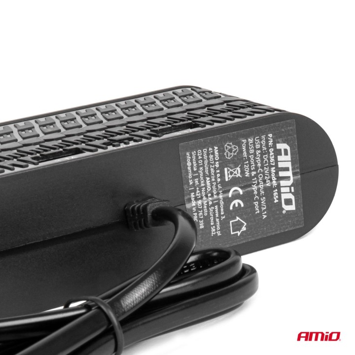 Rozdzielacz gniazda zapalniczki z ładowarką 2x USB-A 1x USB-C 12V 24V 120W 80cm