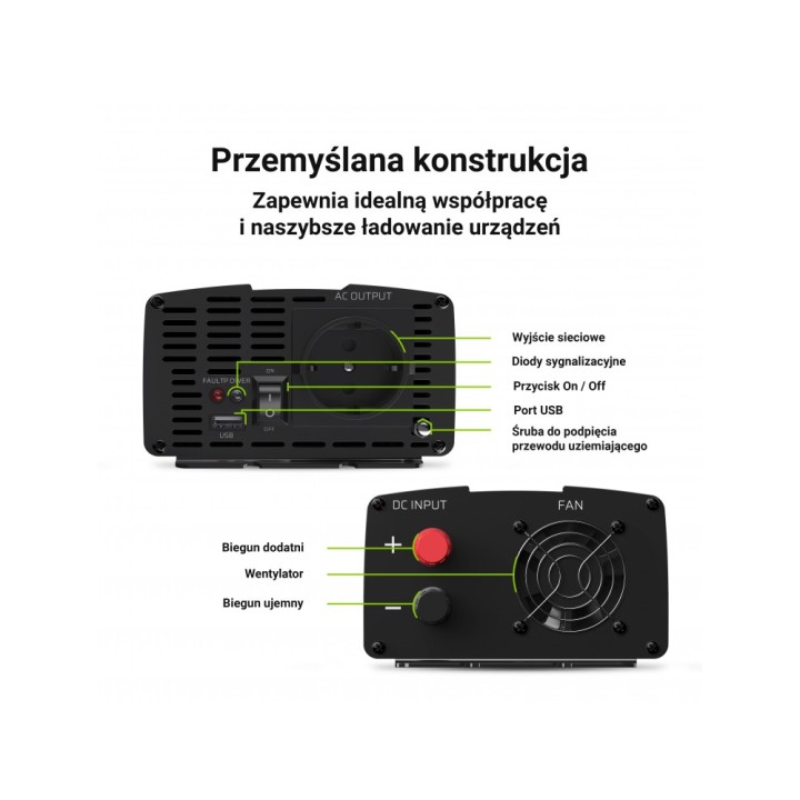 Przetwornica napięcia Inwerter Green Cell 24V na 230V 1000W/2000W Czysta sinusoida