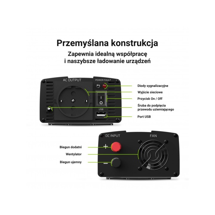 Przetwornica napięcia Inwerter Green Cell 12V na 230V 300W/600W Czysta sinusoida