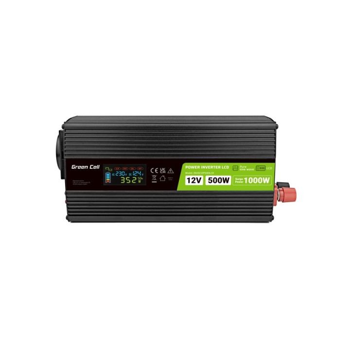 Przetwornica napięcia Green Cell PowerInverter LCD 12 V 500W/1000W Przetwornica samochodowa z wyświetlaczem - czysty sinus
