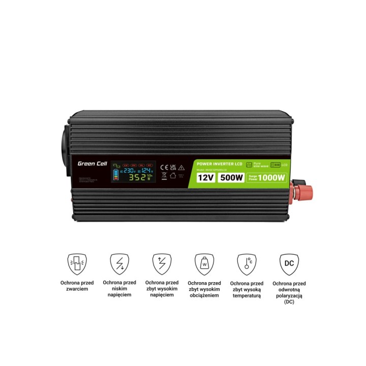 Przetwornica napięcia Green Cell PowerInverter LCD 12 V 500W/1000W Przetwornica samochodowa z wyświetlaczem - czysty sinus