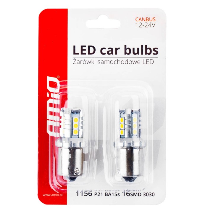 Żarówki LED CANBUS 3030 16SMD 1156 BA15S P21W R10W R5W White 12V 24V AMIO-02796