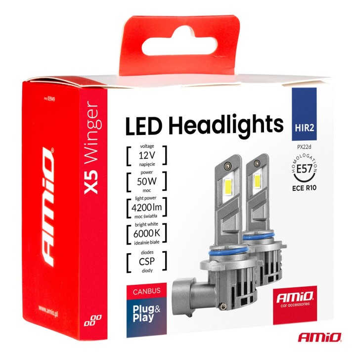 Żarówki samochodowe LED seria X5 Winger HIR2 6000K Canbus AMIO-03950