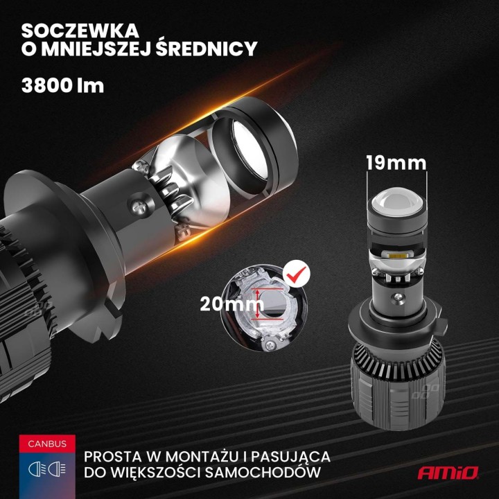 Żarówki samochodowe LED seria PL Lens H7 soczewka 6000K Canbus AMIO-03668