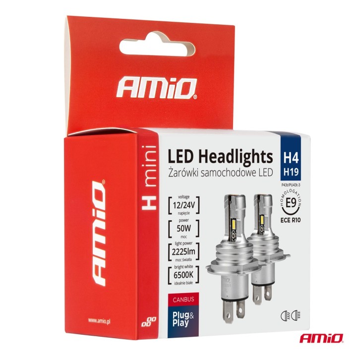 Żarówki samochodowe LED seria H-mini H4/H19 6500K Canbus AMIO-03331