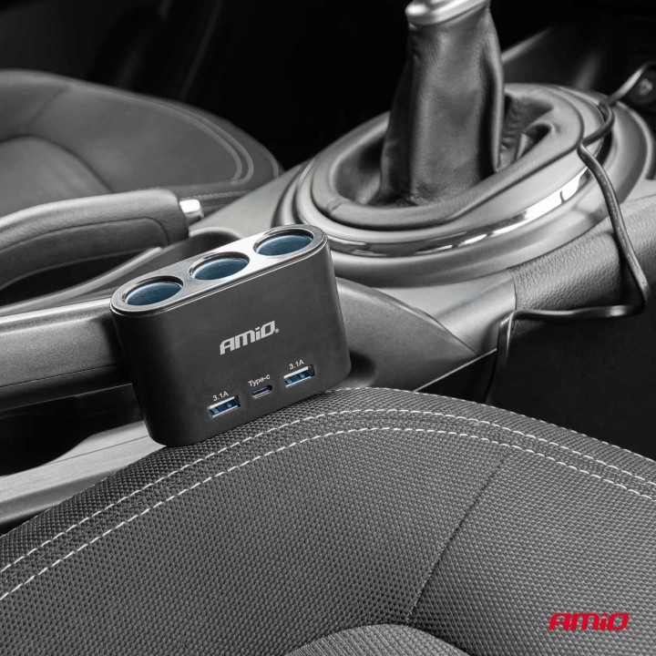 Rozdzielacz gniazda zapalniczki z ładowarką 2x USB-A 1x USB-C 12V 24V 120W 70cm AMIO-04361
