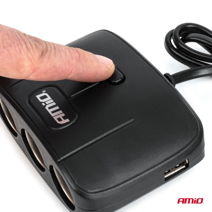 Rozdzielacz gniazda zapalniczki z ładowarką 2x USB-A ON/OFF 12V 24V 100W 70cm AMIO-04362