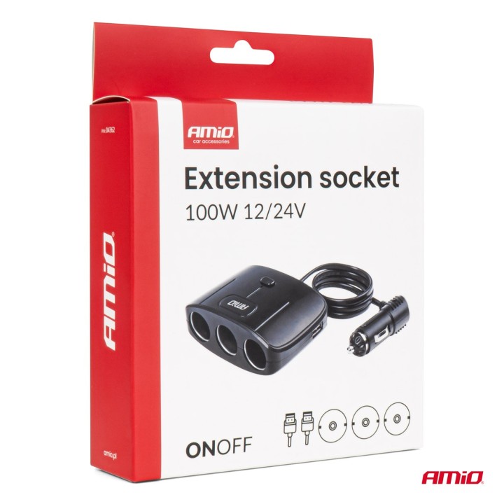 Rozdzielacz gniazda zapalniczki z ładowarką 2x USB-A ON/OFF 12V 24V 100W 70cm AMIO-04362