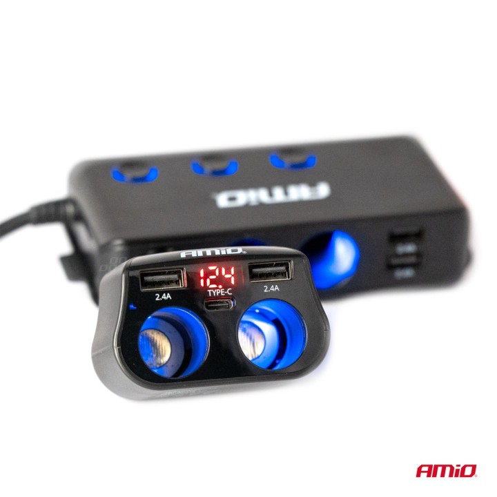 Rozdzielacz rozgałęźnik gniazda zapalniczki 2x USB 1x USB-C 12V 24V + woltomierz AMIO-04173