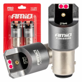 Żarówki LED CANBUS PRO BAY15D P21/5W 4x3030 SMD czerwone 12V 24V AMIO-03586