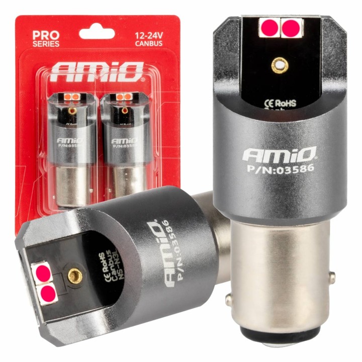 Żarówki LED CANBUS PRO BAY15D P21/5W 4x3030 SMD czerwone 12V 24V AMIO-03586