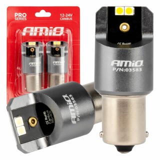 Żarówki LED CANBUS seria PRO BA15S P21W 4x3030 SMD białe 12V 24V AMIO-03583