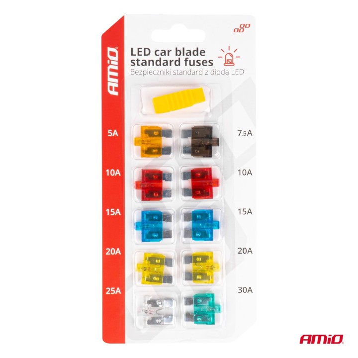 Bezpieczniki samochodowe standard z diodą led 10 szt. AMIO-04341