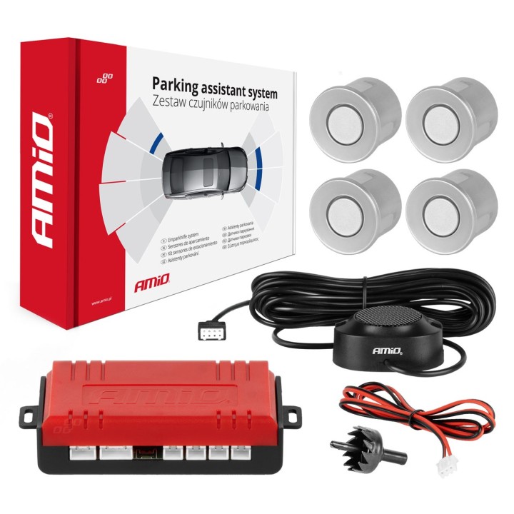 Zestaw czujników parkowania cofania Buzzer 4 sensory srebrne AMIO-01021