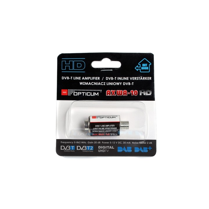 Wzmacniacz antenowy przelotowy OPTICUM WA-10 5-12V 20dB VHF/UHF.