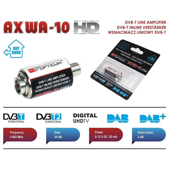 Wzmacniacz antenowy przelotowy OPTICUM WA-10 5-12V 20dB VHF/UHF.