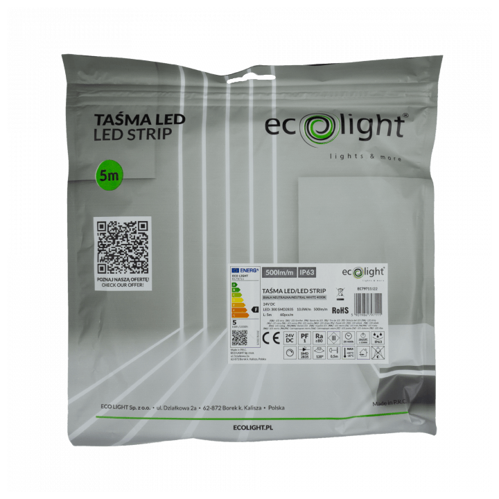 TAŚMA LED 60szt./m 10.8W/m IP63/5m/4000K 24V