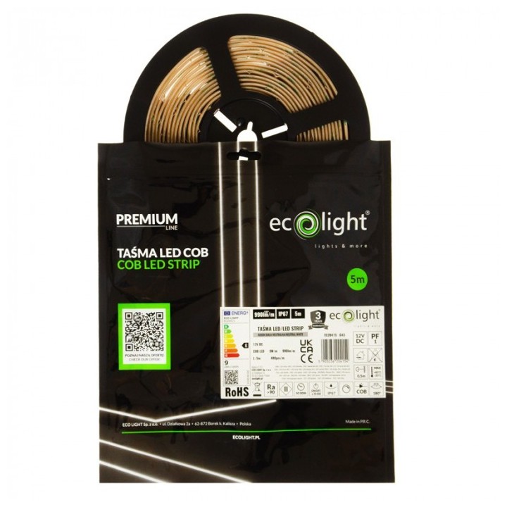 Taśma LED COB 480 9W/m 4000K 990lm/m 12V IP67/5m P