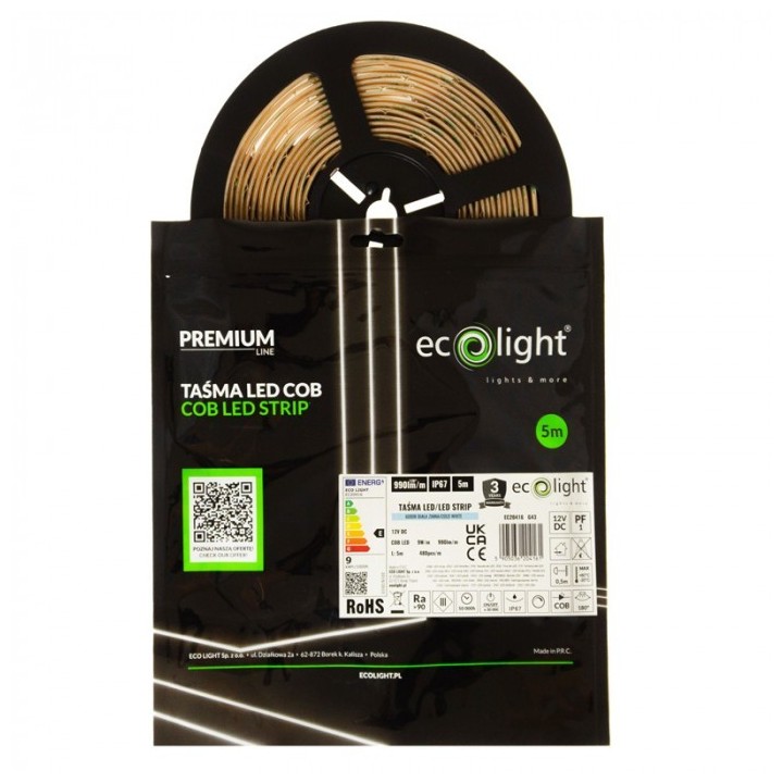 Taśma LED COB 480 9W/m 6000K 990lm/m 12V IP67/5m P