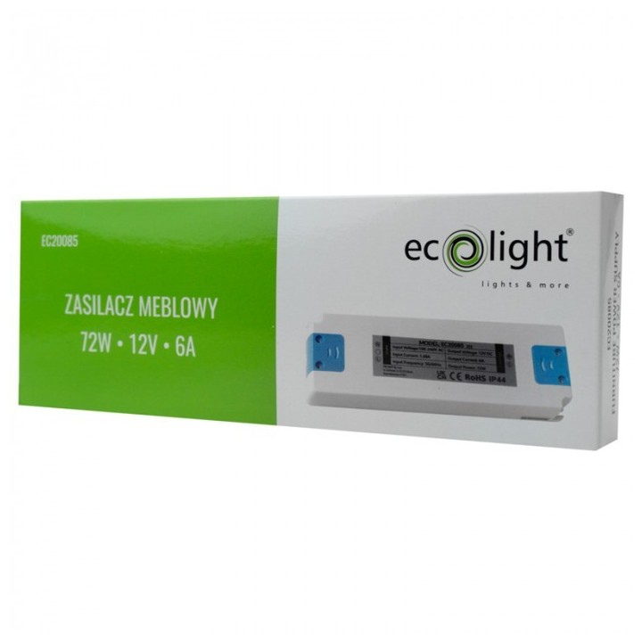 Zasilacz meblowy 72W 12V IP44 185x64x22