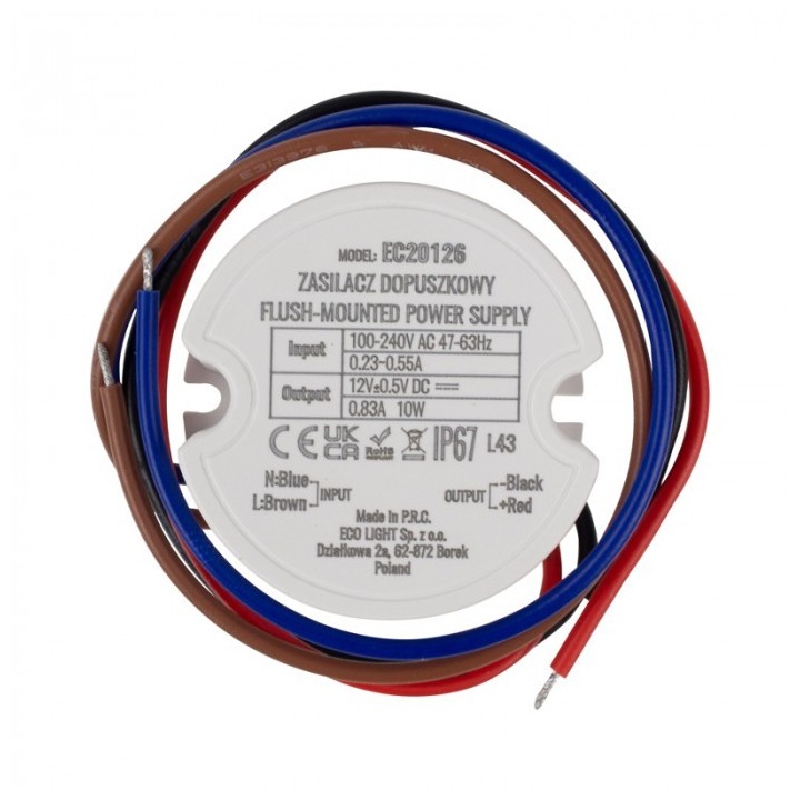 Zasilacz do puszk fi60 0,83A 10W 12V IP67 50x50x22