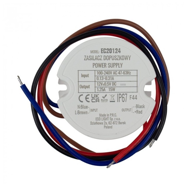 Zasilacz do puszk fi60 1,25A 15W 12V IP67 50x50x22