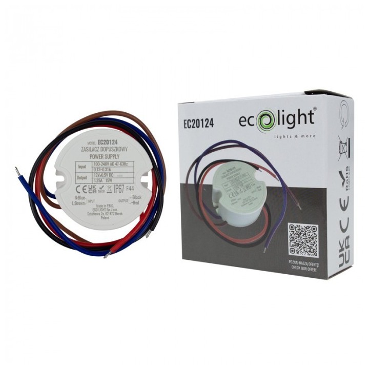 Zasilacz do puszk fi60 1,25A 15W 12V IP67 50x50x22