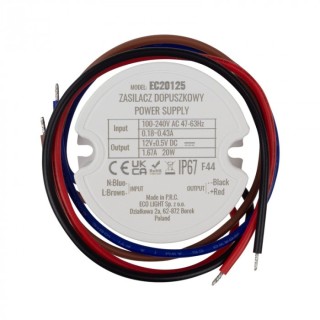 Zasilacz do puszk fi60 1,67A 20W 12V IP67 50x50x22