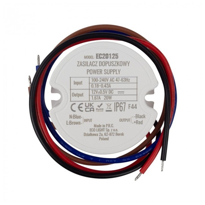 Zasilacz do puszk fi60 1,67A 20W 12V IP67 50x50x22