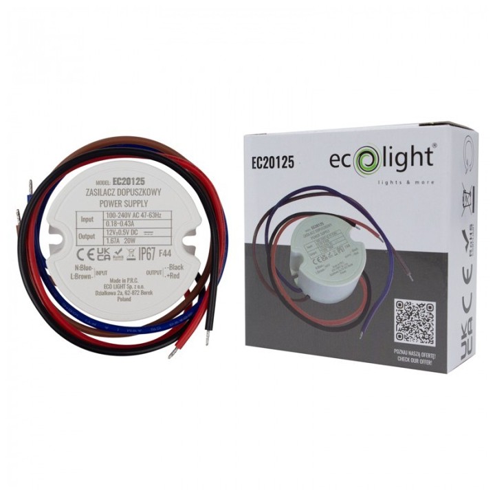 Zasilacz do puszk fi60 1,67A 20W 12V IP67 50x50x22