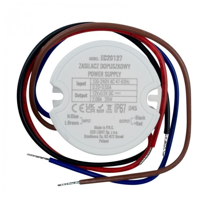 Zasilacz do puszk fi60 2,08A 25W 12V IP67 50x50x22